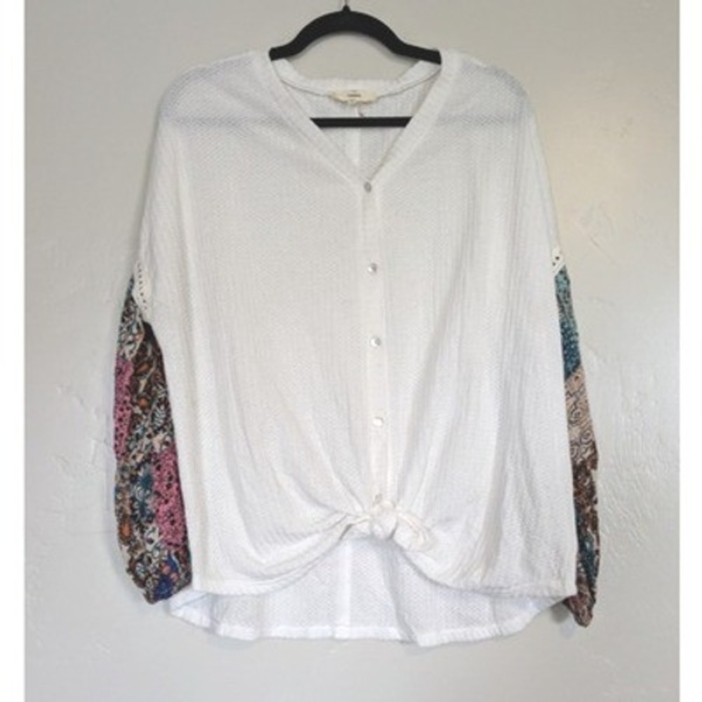 Entro Top Womens Large Floral Sleeves Patchwork Entro Waffle Knit Long‎ Sleeve